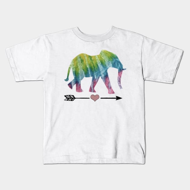 Elephant Love, Tie-Dye Elephant with Heart Arrow Design Kids T-Shirt by tamdevo1